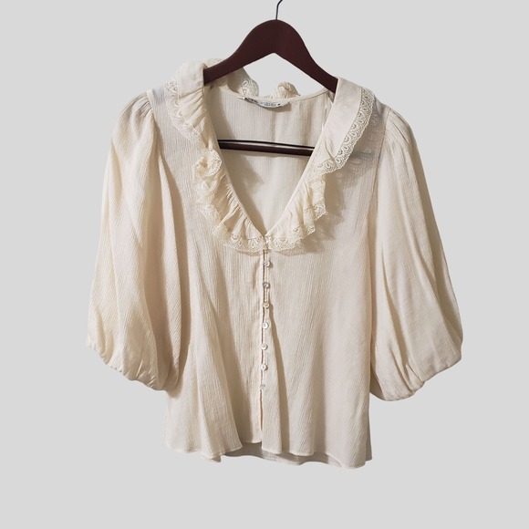 Zara Tops - Zara Womens Cream Lace Ruffle V-Neck Button Front Balloon Sleeve Blouse Small